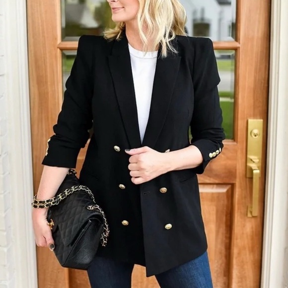 Zara Jackets & Blazers - ZARA Runaway Shoulder Padded Double Breasted Accent Gold Black Blazet Sz S